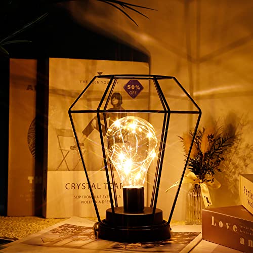 JHY DESIGN Diamond Metal Cage Table Lamp Battery Powered Hanging Lanterns, Cordless Lamp with LED Edsion Style Bulb for Weddings,Parties,Patio,Events for Indoors/Outdoors (Hanging Hook Included)