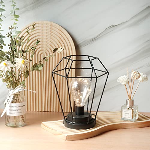 JHY DESIGN Diamond Metal Cage Table Lamp Battery Powered Hanging Lanterns, Cordless Lamp with LED Edsion Style Bulb for Weddings,Parties,Patio,Events for Indoors/Outdoors (Hanging Hook Included)