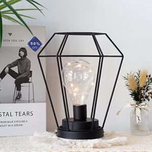 JHY DESIGN Diamond Metal Cage Table Lamp Battery Powered Hanging Lanterns, Cordless Lamp with LED Edsion Style Bulb for Weddings,Parties,Patio,Events for Indoors/Outdoors (Hanging Hook Included)