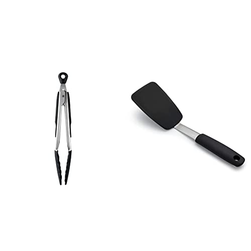 OXO Good Grips 9-Inch Tongs with Silicone Heads & Good Grips Small Silicone Flexible Turner Black