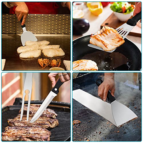 Leonyo Griddle Accessories Set of 27, Heavy Duty Stainless Steel Grill Griddle Metal Spatulas for Cast Iron Flat Top Teppanyaki Cooking, Burger Press, 3 Melting Domes(12”-9”-6.5”), 2 Carry Bags