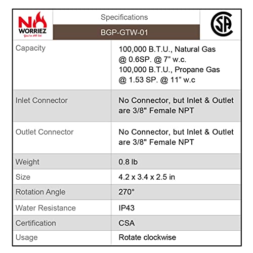 NO WORRIEZ 100,000 BTU Safety Automatic Outdoor BBQ Shut Off 3/8'' NPT Mechanical Structure Gas Timer for Propane Grill and Natural Gas Grill