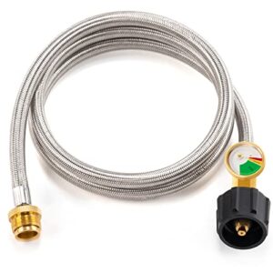 5ft propane adapter hose with gauge, stainless braided hose extension for most gas appliance, propane quick connect hose fits most gas grill, portable generator, acme to qcc fitting
