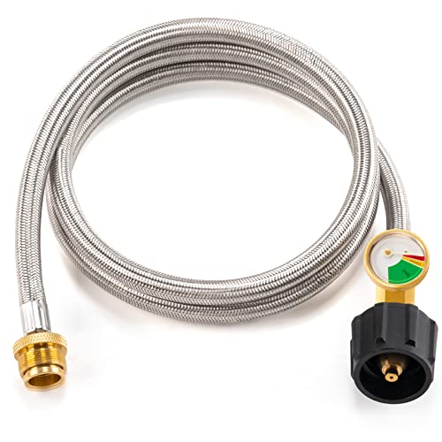 5FT Propane Adapter Hose with Gauge, Stainless Braided Hose extension for most gas appliance, Propane Quick Connect Hose Fits most gas grill, portable generator, Acme to QCC fitting