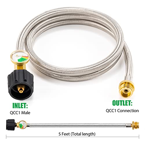 5FT Propane Adapter Hose with Gauge, Stainless Braided Hose extension for most gas appliance, Propane Quick Connect Hose Fits most gas grill, portable generator, Acme to QCC fitting