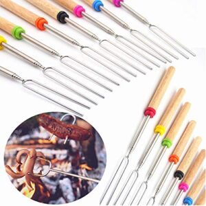 Marshmallow Roasting Sticks Wooden Handle Set of 12 Smores Skewers Telescoping Forks 32 inch with Portable Bag for Hot Dog Campfire Camping Stove BBQ Tools