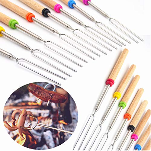 Marshmallow Roasting Sticks Wooden Handle Set of 12 Smores Skewers Telescoping Forks 32 inch with Portable Bag for Hot Dog Campfire Camping Stove BBQ Tools