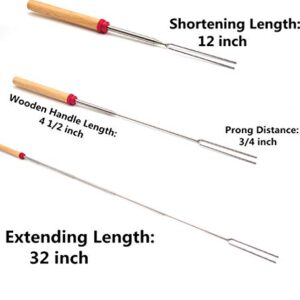 Marshmallow Roasting Sticks Wooden Handle Set of 12 Smores Skewers Telescoping Forks 32 inch with Portable Bag for Hot Dog Campfire Camping Stove BBQ Tools