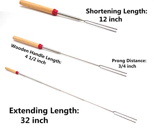 Marshmallow Roasting Sticks Wooden Handle Set of 12 Smores Skewers Telescoping Forks 32 inch with Portable Bag for Hot Dog Campfire Camping Stove BBQ Tools