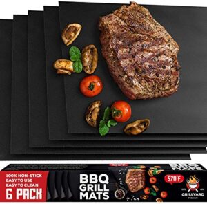 grillyard grill mat set of 6 – non-stick, reusable bbq grill mats for gas, charcoal, electric grill – temperature resistant – heavy duty design – easy to clean (black)