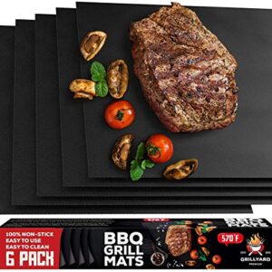 GRILLYARD Grill Mat Set of 6 – Non-Stick, Reusable BBQ Grill Mats for Gas, Charcoal, Electric Grill – Temperature Resistant – Heavy Duty Design – Easy to Clean (Black)