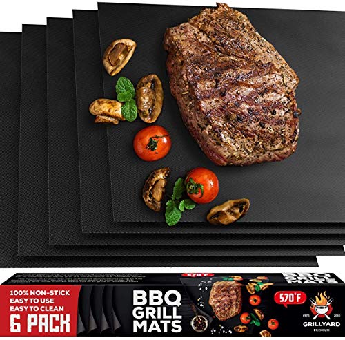 GRILLYARD Grill Mat Set of 6 – Non-Stick, Reusable BBQ Grill Mats for Gas, Charcoal, Electric Grill – Temperature Resistant – Heavy Duty Design – Easy to Clean (Black)