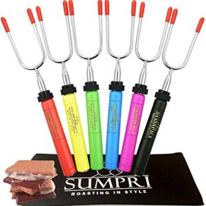 SUMPRI Marshmallow Roasting Sticks, Smores Skewers Telescoping Rotating Forks Set of 6 Hot Dog Fire Pit Outdoor Fireplace Campfire Accessories-6 Multicolored 34 Inch Extendable Steel Fork Camping Kit