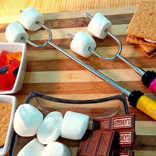 SUMPRI Marshmallow Roasting Sticks, Smores Skewers Telescoping Rotating Forks Set of 6 Hot Dog Fire Pit Outdoor Fireplace Campfire Accessories-6 Multicolored 34 Inch Extendable Steel Fork Camping Kit