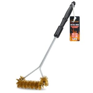fireflame bbq grill brush – non-scratch brass bristles – 21-inch long handle barbecue grill cleaning brush – wide-faced spiral heavy-duty – made in the usa