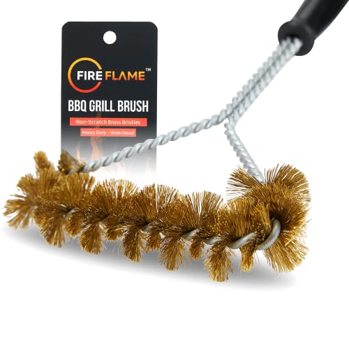 Fireflame BBQ Grill Brush – Non-Scratch Brass Bristles - 21-Inch Long Handle Barbecue Grill Cleaning Brush - Wide-Faced Spiral Heavy-Duty – Made in The USA