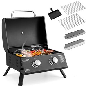 happygrill portable gas grill two-burner folding tabletop barbecue grill with built-in thermometer, dual control knobs, propane grill for outdoor cooking backyard camping picnic, 20000 btu