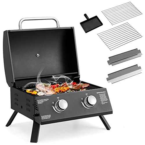 Happygrill Portable Gas Grill Two-Burner Folding Tabletop Barbecue Grill with Built-in Thermometer, Dual Control Knobs, Propane Grill for Outdoor Cooking Backyard Camping Picnic, 20000 BTU