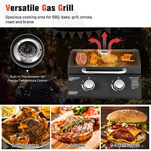 Happygrill Portable Gas Grill Two-Burner Folding Tabletop Barbecue Grill with Built-in Thermometer, Dual Control Knobs, Propane Grill for Outdoor Cooking Backyard Camping Picnic, 20000 BTU