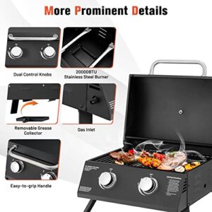 Happygrill Portable Gas Grill Two-Burner Folding Tabletop Barbecue Grill with Built-in Thermometer, Dual Control Knobs, Propane Grill for Outdoor Cooking Backyard Camping Picnic, 20000 BTU