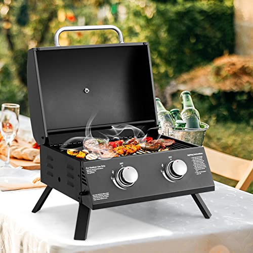 Happygrill Portable Gas Grill Two-Burner Folding Tabletop Barbecue Grill with Built-in Thermometer, Dual Control Knobs, Propane Grill for Outdoor Cooking Backyard Camping Picnic, 20000 BTU