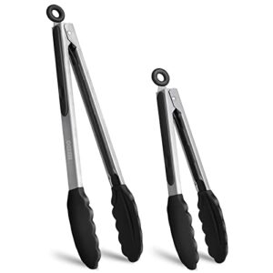 eekedo kitchen tongs, stainless steel silicone tongs for cooking 600ºf high heat-resistant bbq grilling locking tongs, set of 2-9″ and 12″