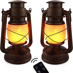 2 Pack LED Vintage Battery Lanterns Decorative, Christmas Decor Outdoor Hanging Waterproof Lantern, Dancing Flame Home Decor Night Lights Battery Operated with 2 Mode Lights for Garden Party Decor