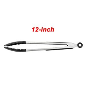 Rasfihip 3 Pack Stainless Steel Black Kitchen Tongs, Premium Silicone BPA Free Non-Stick BBQ Cooking Grilling Locking Food Tongs, 7-Inch 9-Inch & 12-Inch