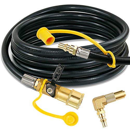 Uniflasy Quick-Connect RV Propane 12 Ft Hose with 90 Degree Elbow Adapter Fitting for Blackstone 17"/22" Griddle or RV Trailer, Camper Gas Grill Conversion 1/4" Quick Connect and Shutoff Valve Kit