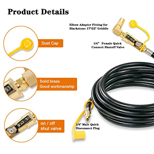 Uniflasy Quick-Connect RV Propane 12 Ft Hose with 90 Degree Elbow Adapter Fitting for Blackstone 17"/22" Griddle or RV Trailer, Camper Gas Grill Conversion 1/4" Quick Connect and Shutoff Valve Kit