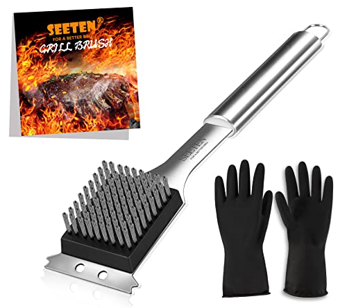 SEETEN Grill Brush and Scraper with 1 Reusable Cleaning Gloves-Safe&Strong 16 inch Stainless Steel Grill Cleaning Brush no Wire Bristles Fall Off-Nice Grill Accessories Gift