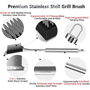 SEETEN Grill Brush and Scraper with 1 Reusable Cleaning Gloves-Safe&Strong 16 inch Stainless Steel Grill Cleaning Brush no Wire Bristles Fall Off-Nice Grill Accessories Gift