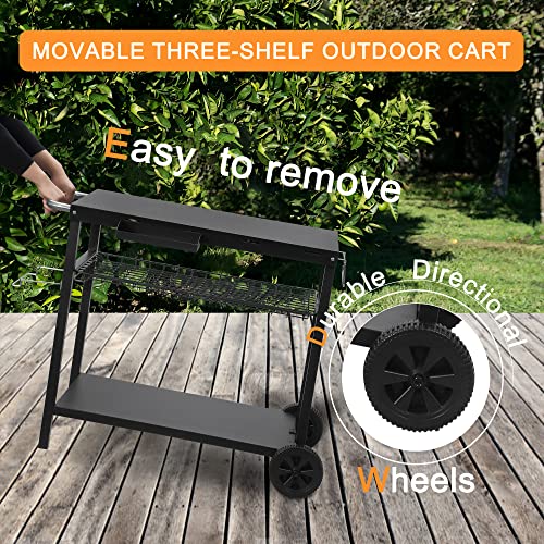 PIZZELLO Three-Shelf Outdoor Grill Dining Cart Movable BBQ Trolley Multifunctional Solid Steel Food Prep Worktable with Two Wheels