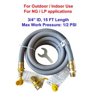 15FT 3/4" ID Natural Gas Hose with 3/4 Quick Connect for Standby Generators, Long 3/4 Gas Flex Line Hose for NG/LP Propane Appliances Construction Heaters, Tool Included