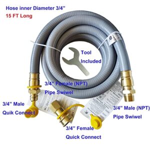 15FT 3/4" ID Natural Gas Hose with 3/4 Quick Connect for Standby Generators, Long 3/4 Gas Flex Line Hose for NG/LP Propane Appliances Construction Heaters, Tool Included