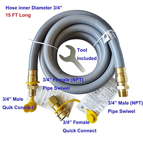 15FT 3/4" ID Natural Gas Hose with 3/4 Quick Connect for Standby Generators, Long 3/4 Gas Flex Line Hose for NG/LP Propane Appliances Construction Heaters, Tool Included