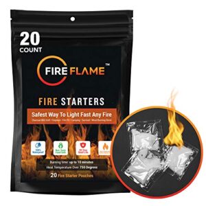 fireflame quick instant fire starter – 100% waterproof all-purpose indoor & outdoor firestarter, for charcoal starter, campfire, fireplace, firepit, smoker – odorless and non-toxic – 20 pouches in bag