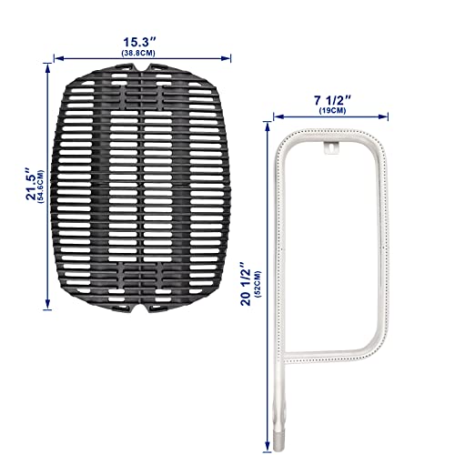 Uniflasy 7645 Cast Iron Cooking Grates and 41862 Grill Burner for Weber Q200, Q220, Q2000, 53060001 Series Gas Grills, for Weber 7645/65811 Cast Iron grates Grates and 69956/60041 Burner Pipe