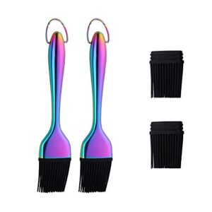 2 pack grill basting brush with 2 pack back up silicone brush heads, no shed bristles stainless steel handles heatproof rust resistant, pastry brushes for kitchen cooking bbq, dishwasher safe rainbow