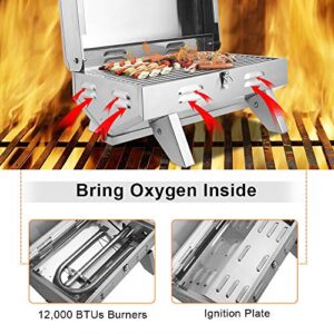 ROVSUN Portable Propane Gas Grill 12,000BTU, Tabletop Outdoor Cooking Grill for Picnic Camping RV Tailgating Patio Garden BBQ, Stainless Steel