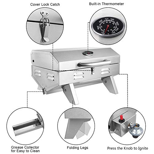 ROVSUN Portable Propane Gas Grill 12,000BTU, Tabletop Outdoor Cooking Grill for Picnic Camping RV Tailgating Patio Garden BBQ, Stainless Steel