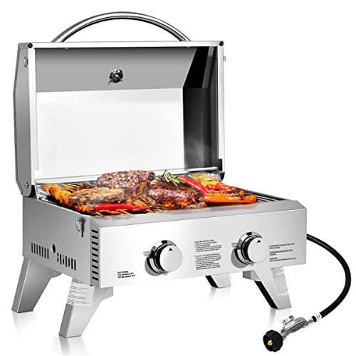 ORALNER Portable Gas Grill 20,000 BTU Stainless Steel Grill Tabletop Propane BBQ Griddle w/Foldable Legs, Gas Hose, 266 Sq.in Cooking Area, 2 Burner Gas Grill for Outdoor Camping, Tailgating, Picnic