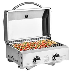 ORALNER Portable Gas Grill 20,000 BTU Stainless Steel Grill Tabletop Propane BBQ Griddle w/Foldable Legs, Gas Hose, 266 Sq.in Cooking Area, 2 Burner Gas Grill for Outdoor Camping, Tailgating, Picnic