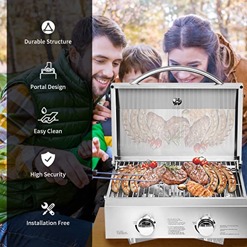 ORALNER Portable Gas Grill 20,000 BTU Stainless Steel Grill Tabletop Propane BBQ Griddle w/Foldable Legs, Gas Hose, 266 Sq.in Cooking Area, 2 Burner Gas Grill for Outdoor Camping, Tailgating, Picnic