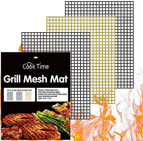 BBQ Grill Mesh Mat Set of 3 - Non Stick Barbecue Grill Sheet Liners Teflon Grilling Mats Nonstick Fish Vegetable Smoking Accessories - Works on Smoker,Pellet,Gas,Charcoal Grill,15.75x13inches