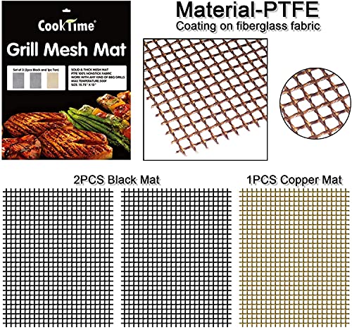 BBQ Grill Mesh Mat Set of 3 - Non Stick Barbecue Grill Sheet Liners Teflon Grilling Mats Nonstick Fish Vegetable Smoking Accessories - Works on Smoker,Pellet,Gas,Charcoal Grill,15.75x13inches