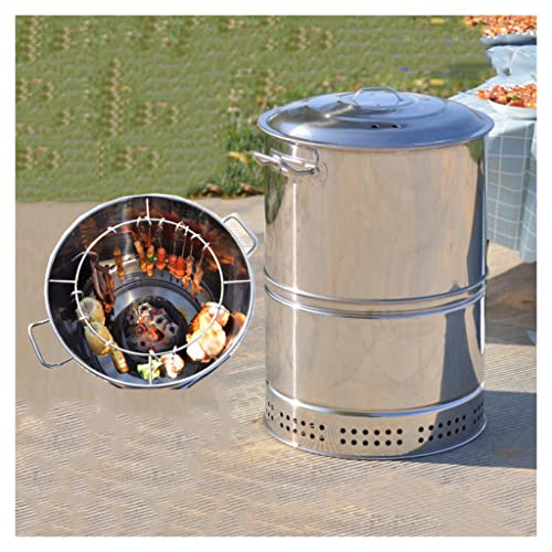 WANGF Charcoal BBQ Hanging Stove Charcoal Braised Grill Barrel Large Capacity Barbecue 201 Stainless Steel Split Oven 360° All Round Roasting Oil Charcoal Separation 60 * 53 * 40cm