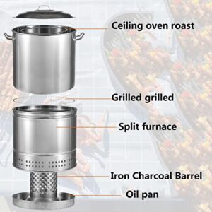 WANGF Charcoal BBQ Hanging Stove Charcoal Braised Grill Barrel Large Capacity Barbecue 201 Stainless Steel Split Oven 360° All Round Roasting Oil Charcoal Separation 60 * 53 * 40cm