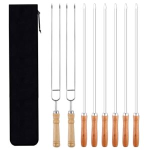 metal skewers for grilling 8 pcs, stainless steel bbq sticks with wooden handle 16 inch kabob skewer with campfire roasting bag (wooden)