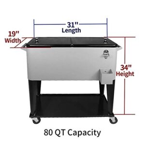 SHAREWIN 80 QT Rolling Cooler Cart Ice Chest for Outdoor Patio Deck Party Portable Party Bar Cold Drink Beverage Cart Tub, Backyard Cooler Trolley on Wheels with Shelf, Bottle Opener Silvery